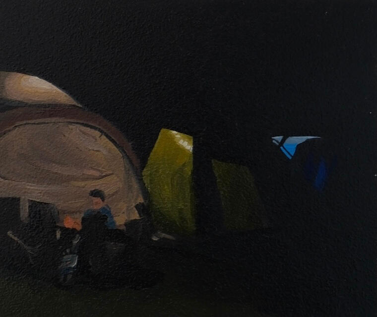 Late conversations - oil on canvas, 12.8 x 10.9cm, 2026 (Ā£225)